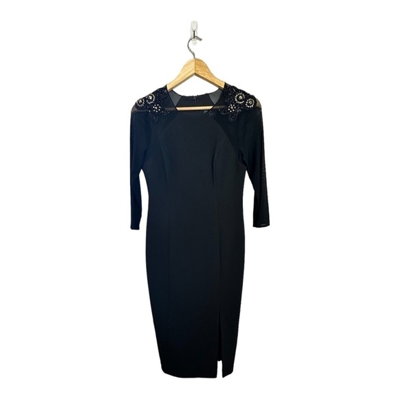 Adrianna Papell - Short Black Crepe Dress Sheer sleeves beaded embroidered 2 - Picture 2 of 9